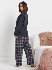 PixieGirl Petite Blue Check Long Sleeve 100% Cotton Wide Leg Pyjamas Set - Image 3 of 5