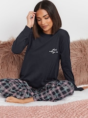 PixieGirl Petite Blue Check Long Sleeve 100% Cotton Wide Leg Pyjamas Set - Image 4 of 5