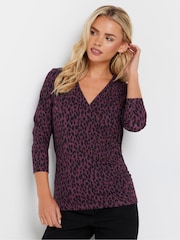 M&Co Purple Petite Animal Print Wrap Top - Image 1 of 7