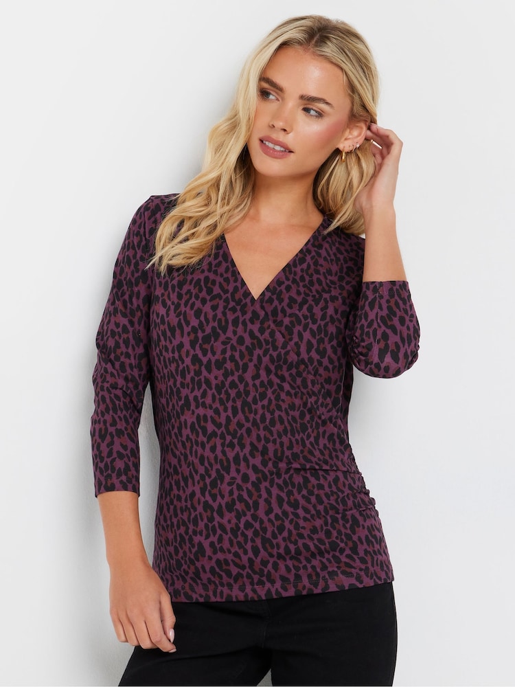 M&Co Purple Petite Animal Print Wrap Top - Image 1 of 7