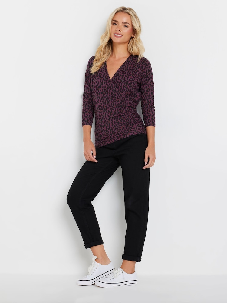 M&Co Purple Petite Animal Print Wrap Top - Image 2 of 7