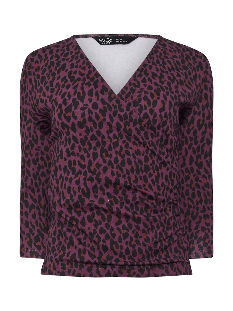 M&Co Purple Petite Animal Print Wrap Top - Image 5 of 5