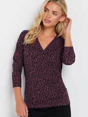 M&Co Purple Petite Animal Print Wrap Top - Image 6 of 7