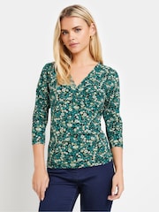 M&Co Green Petite Ditsy Floral Wrap Top - Image 1 of 5
