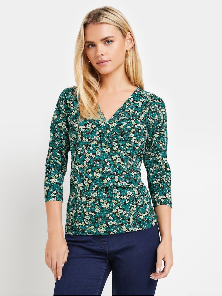 M&Co Green Petite Ditsy Floral Wrap Top - Image 1 of 5