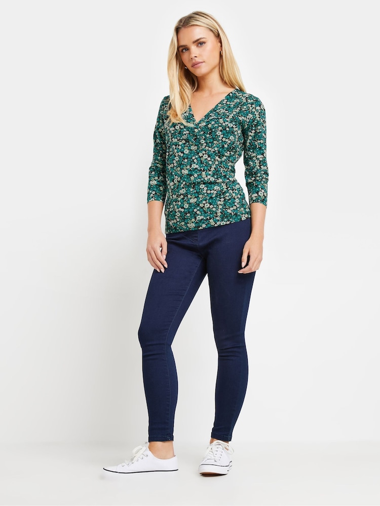 M&Co Green Petite Ditsy Floral Wrap Top - Image 2 of 5