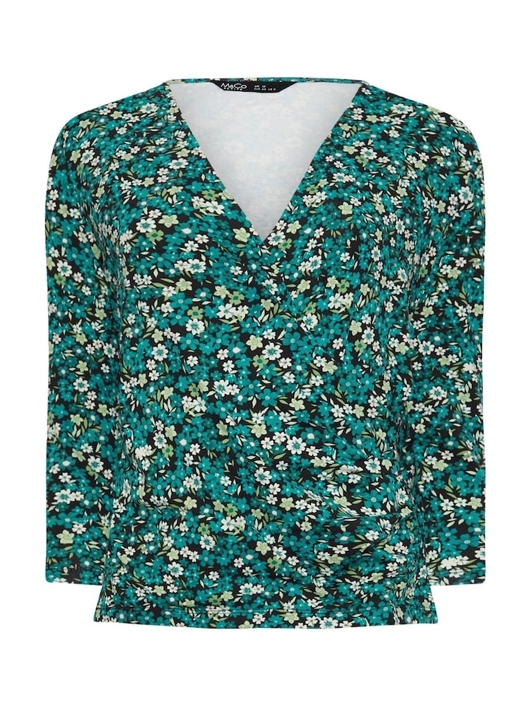 M&Co Green Petite Ditsy Floral Wrap Top - Image 5 of 5