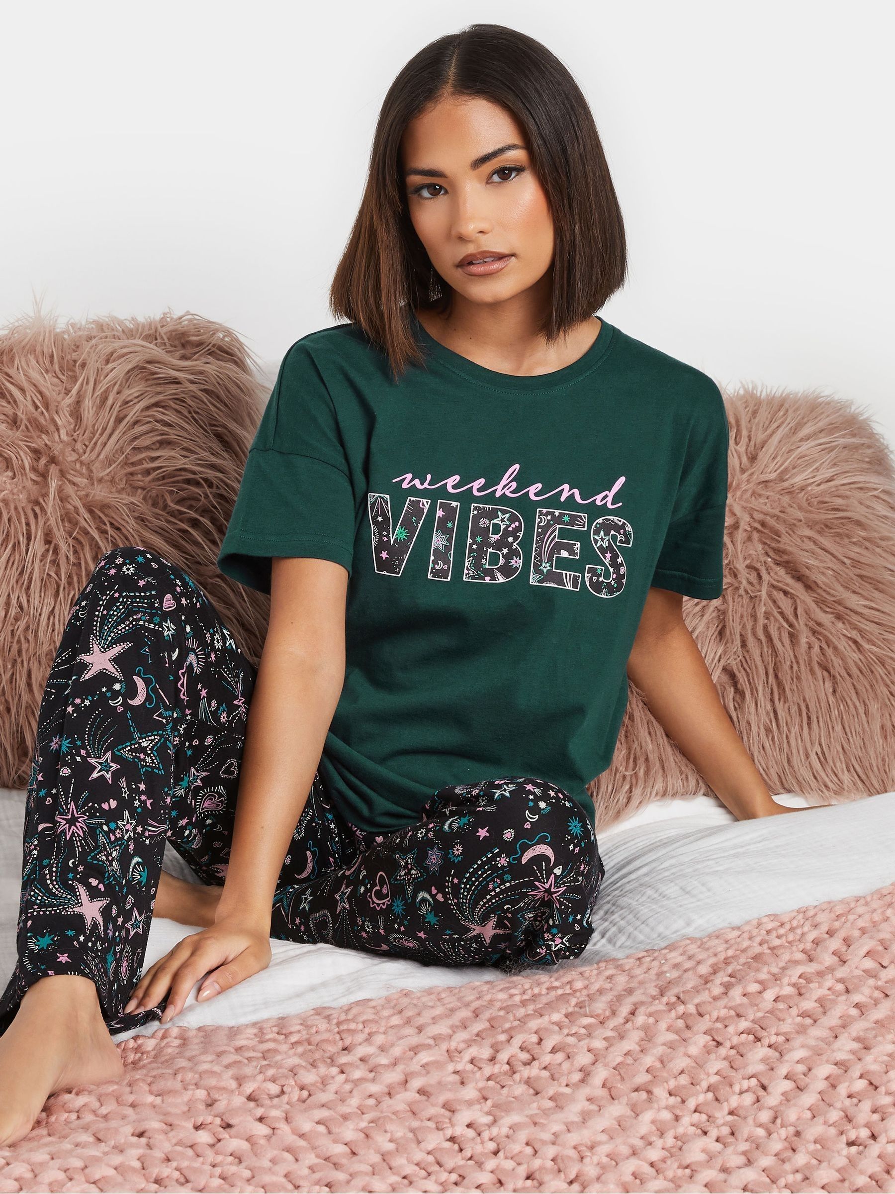 Buy PixieGirl Petite Green Weekend Vibes Slogan Pyjamas Set from Next Canada