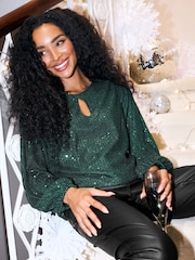 M&Co Green Petite Keyhole Sequin Long Sleeve Top - Image 2 of 6