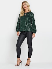 M&Co Green Petite Keyhole Sequin Long Sleeve Top - Image 4 of 6