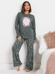 PixieGirl Petite Grey Disco Diva Long Sleeve Wide Leg Pyjamas Set - Image 1 of 5