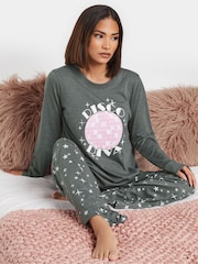 PixieGirl Petite Grey Disco Diva Long Sleeve Wide Leg Pyjamas Set - Image 2 of 5