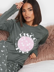PixieGirl Petite Grey Disco Diva Long Sleeve Wide Leg Pyjamas Set - Image 4 of 5