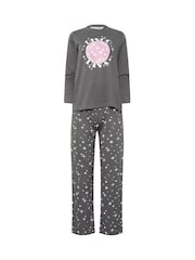 PixieGirl Petite Grey Disco Diva Long Sleeve Wide Leg Pyjamas Set - Image 5 of 5