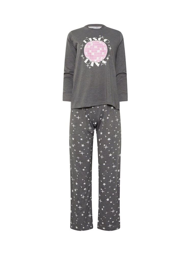 PixieGirl Petite Grey Disco Diva Long Sleeve Wide Leg Pyjamas Set - Image 5 of 5