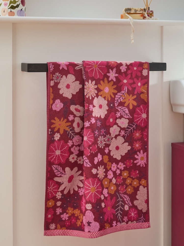 Berry Red Floral Print 100% Cotton Towel - Image 1 of 6 Berry Red Floral Print 100% Cotton Towel - Image 1 of 6