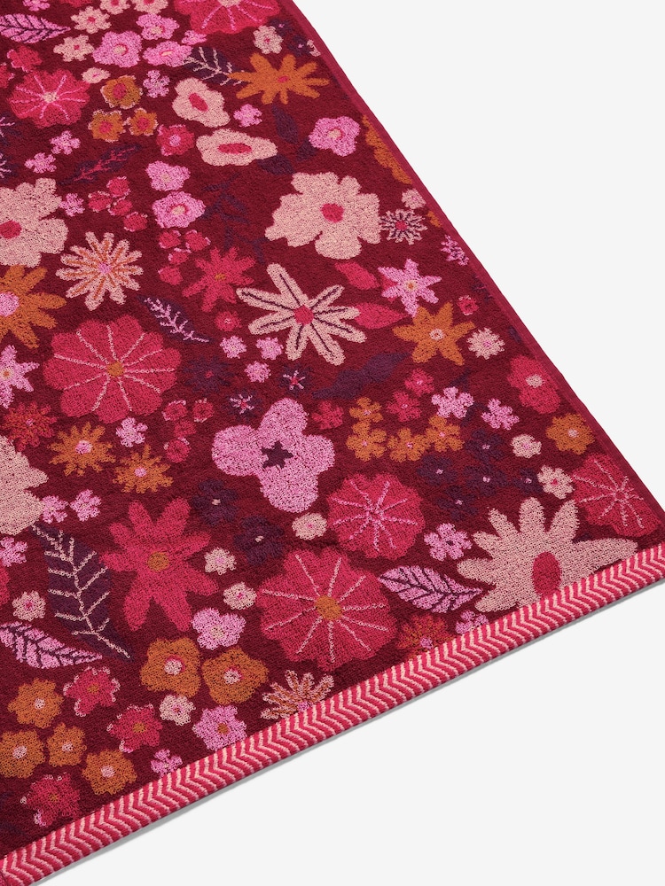 Berry Red Floral Print 100% Cotton Towel - Image 6 of 6