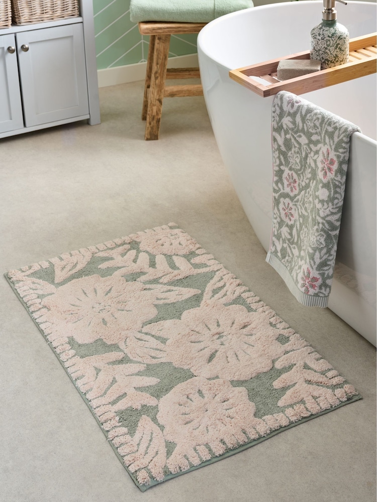 Sage Green Floral Print 100% Cotton Bath Mat - Image 1 of 3