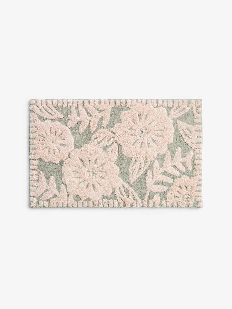 Sage Green Floral Print 100% Cotton Bath Mat - Image 3 of 3 Sage Green Floral Print 100% Cotton Bath Mat - Image 3 of 3