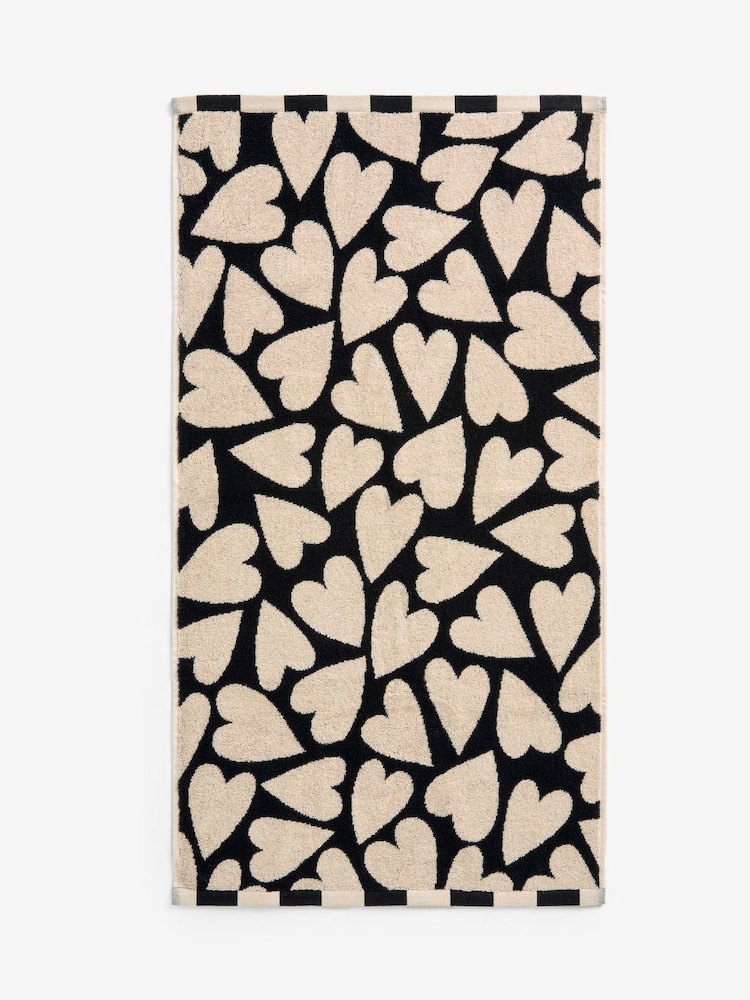 Black/White Heart Print 100% Cotton Towel - Image 1 of 2 Black/White Heart Print 100% Cotton Towel - Image 1 of 2