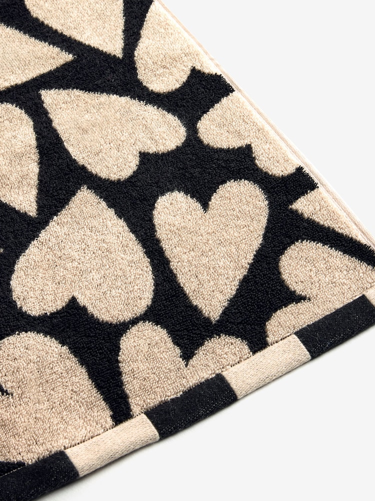 Black/White Heart Print 100% Cotton Towel - Image 2 of 2 Black/White Heart Print 100% Cotton Towel - Image 2 of 2