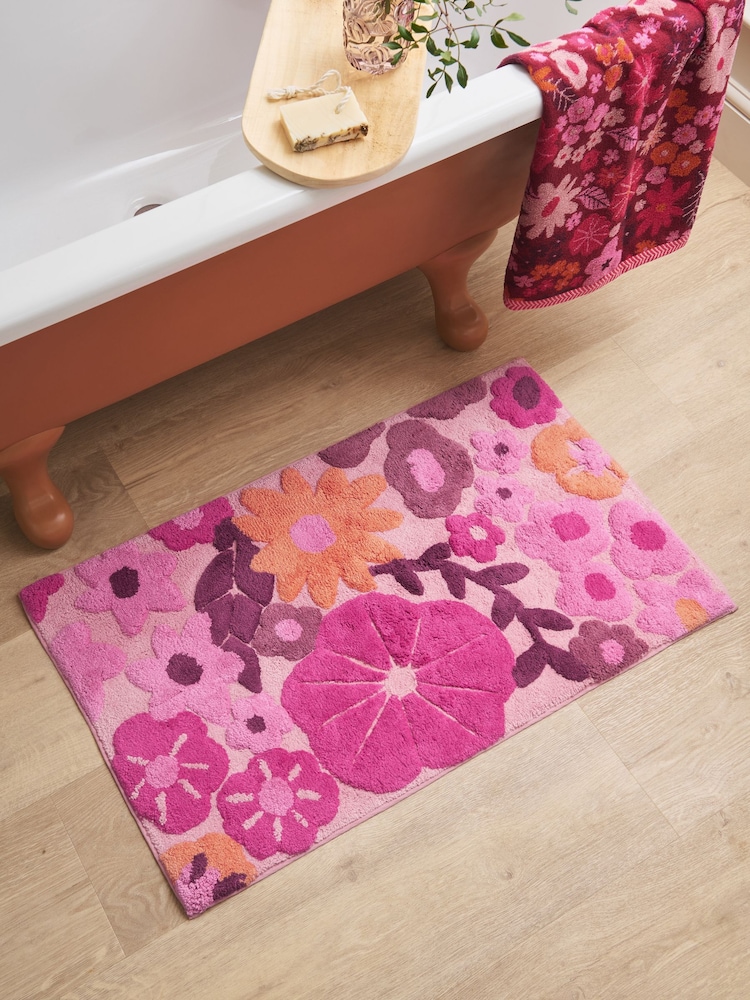 Berry Red Floral Print 100% Cotton Bath Mat - Image 1 of 3 Berry Red Floral Print 100% Cotton Bath Mat - Image 1 of 3