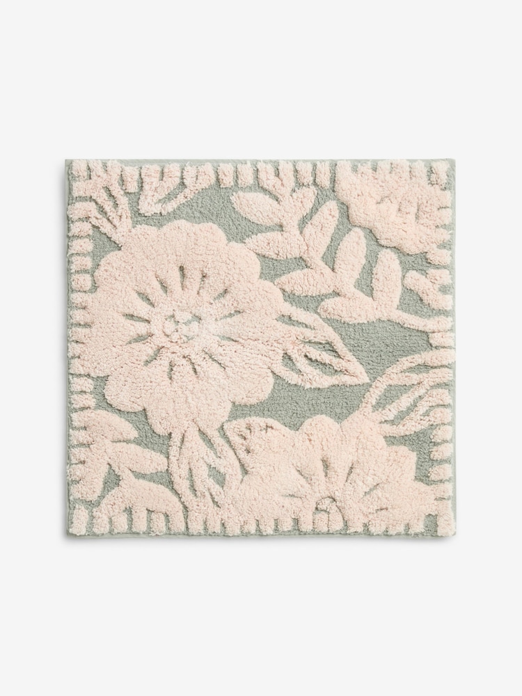 Sage Green Floral Print 100% Cotton Shower Mat - Image 1 of 1