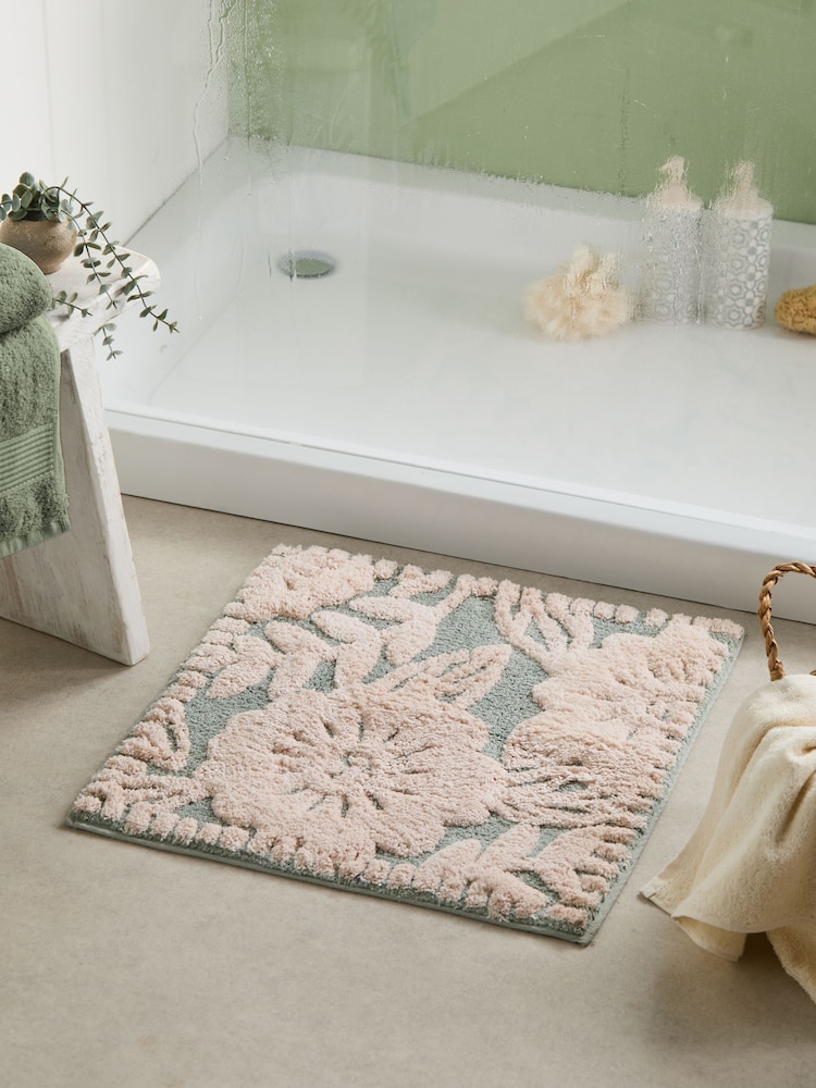 Sage Green Floral Print 100% Cotton Shower Mat - Image 1 of 3 Sage Green Floral Print 100% Cotton Shower Mat - Image 1 of 3