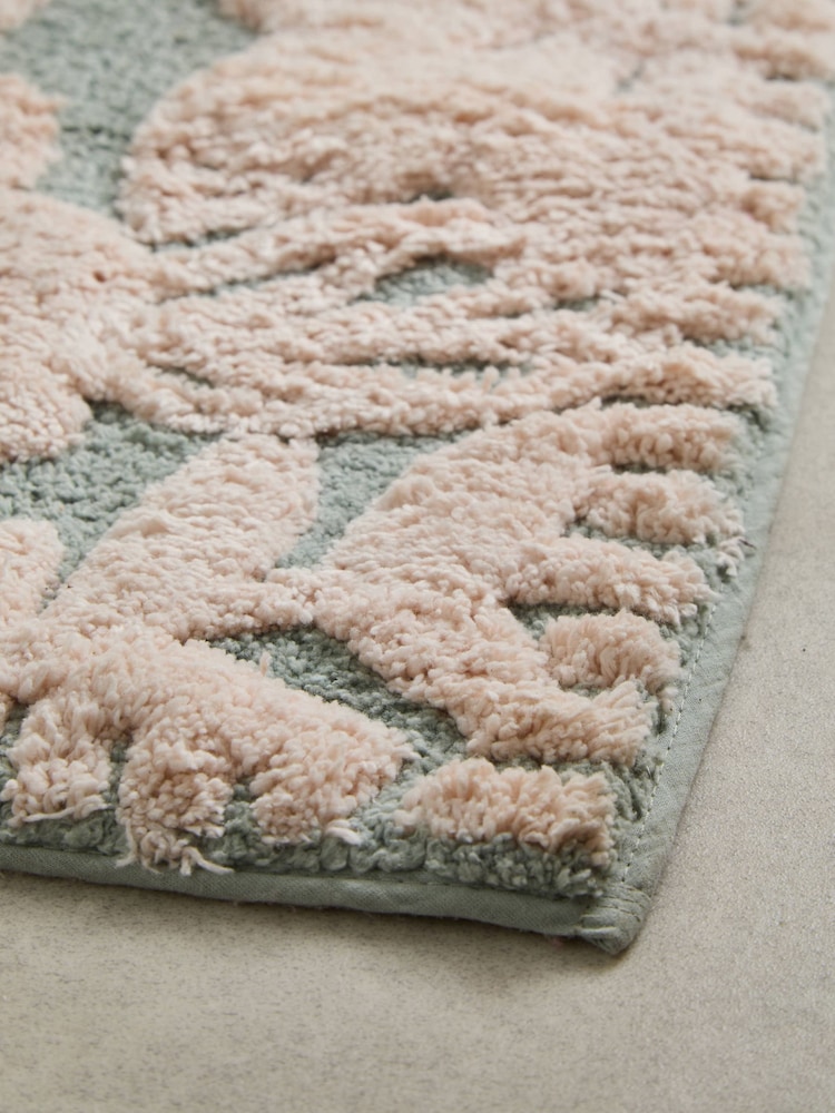 Sage Green Floral Print 100% Cotton Shower Mat - Image 2 of 3 Sage Green Floral Print 100% Cotton Shower Mat - Image 2 of 3