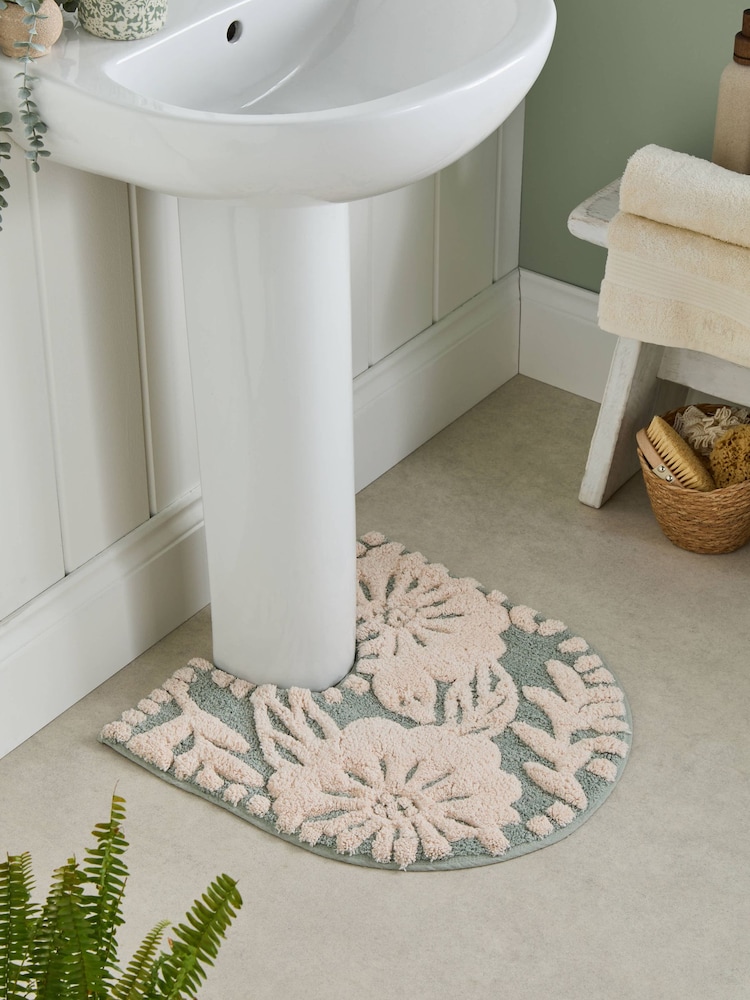 Sage Green Floral Print 100% Cotton Pedestal Mat - Image 1 of 3