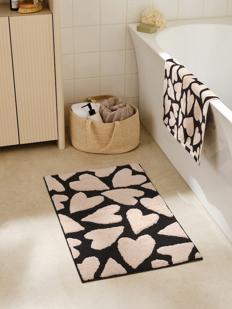 Black/White Heart 100% Cotton Bath Mat - Image 1 of 3