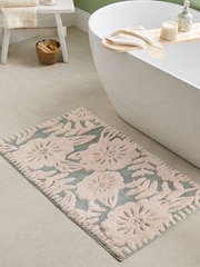Sage Green Floral Print 100% Cotton X-Large Bath Mat - Image 1 of 3