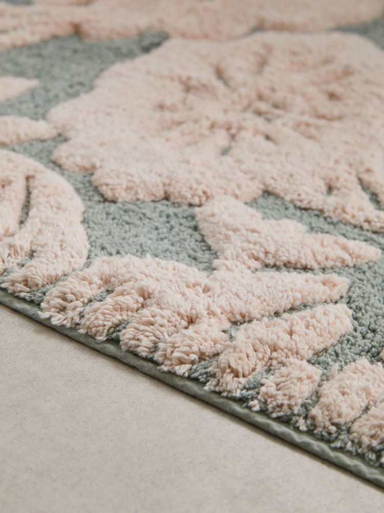 Sage Green Floral Print 100% Cotton X-Large Bath Mat - Image 2 of 3