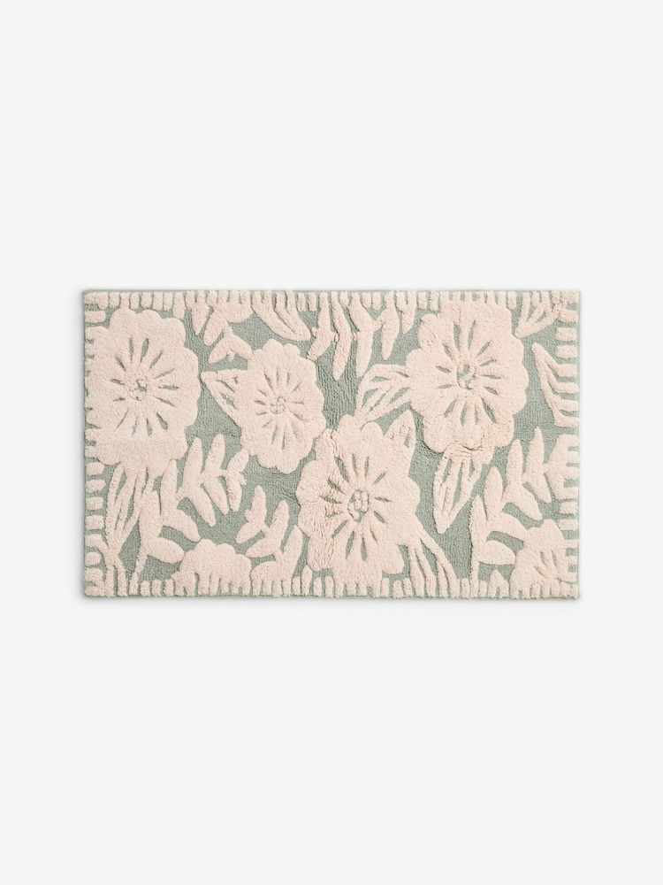 Sage Green Floral Print 100% Cotton X-Large Bath Mat - Image 3 of 3