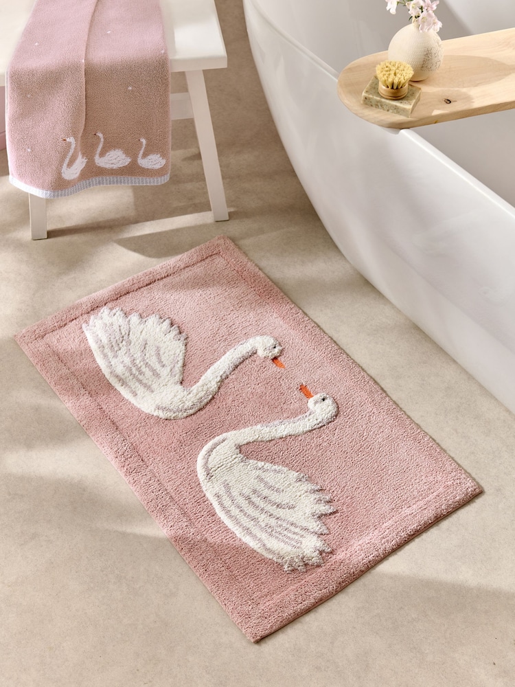 Pink Swan Print 100% Cotton Bath Mat - Image 1 of 3 Pink Swan Print 100% Cotton Bath Mat - Image 1 of 3