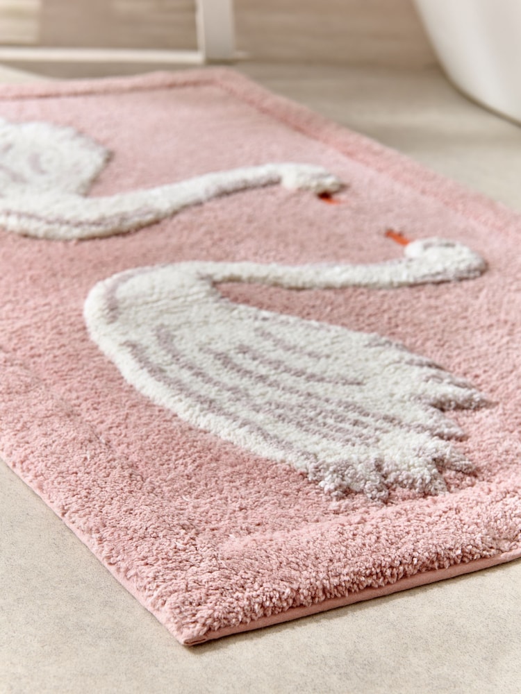 Pink Swan Print 100% Cotton Bath Mat - Image 2 of 3 Pink Swan Print 100% Cotton Bath Mat - Image 2 of 3