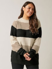 Evans Curve Colourblock Stripe Knitted Natural Brown Jumper - Image 1 of 5