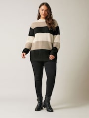 Evans Curve Colourblock Stripe Knitted Natural Brown Jumper - Image 2 of 5