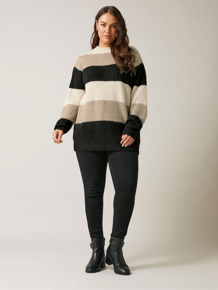 Evans Curve Colourblock Stripe Knitted Natural Brown Jumper - Image 2 of 5