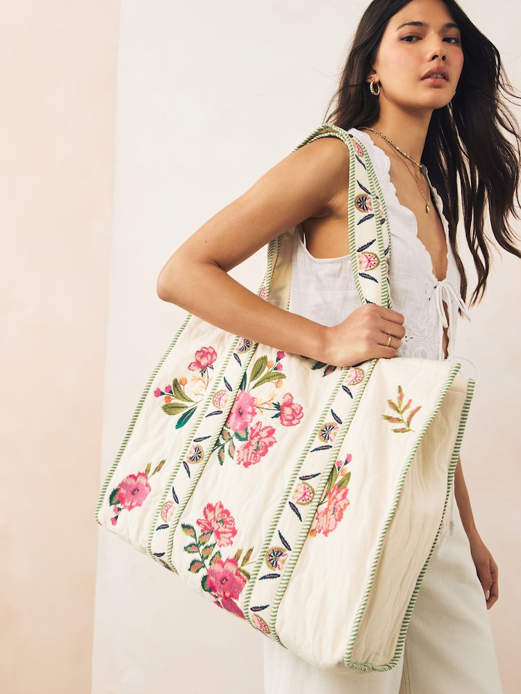 Neutral Floral Quilted Shoulder 100% Cotton Bag - Image 1 of 9