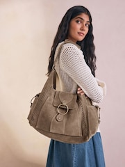 Taupe Suede Whipstitch Shoulder Bag - Image 1 of 12