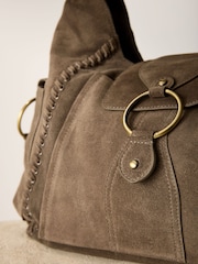 Taupe Suede Whipstitch Shoulder Bag - Image 10 of 12