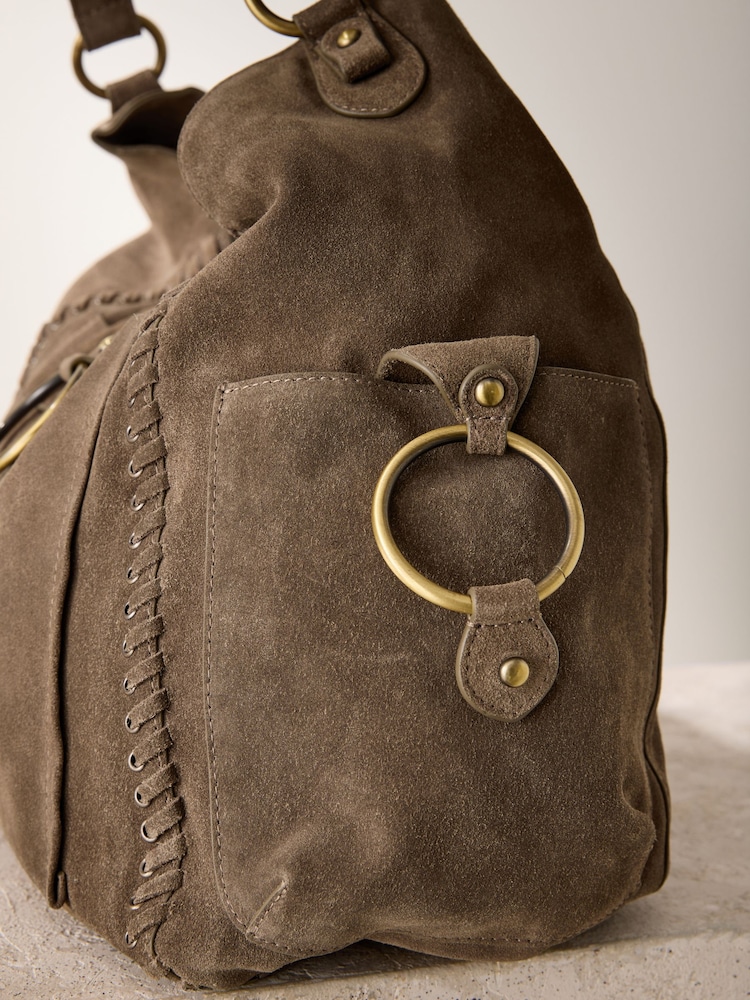 Taupe Suede Whipstitch Shoulder Bag - Image 11 of 12