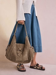 Taupe Suede Whipstitch Shoulder Bag - Image 2 of 12