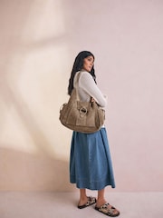 Taupe Suede Whipstitch Shoulder Bag - Image 3 of 12