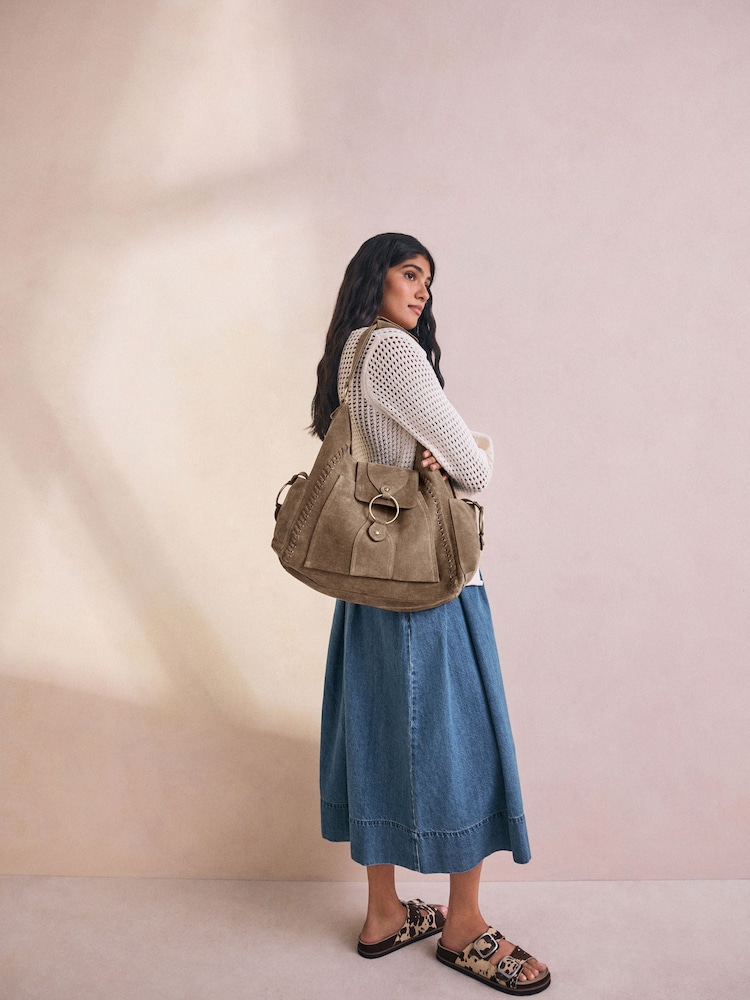 Taupe Suede Whipstitch Shoulder Bag - Image 3 of 12