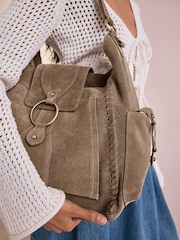 Taupe Suede Whipstitch Shoulder Bag - Image 4 of 12