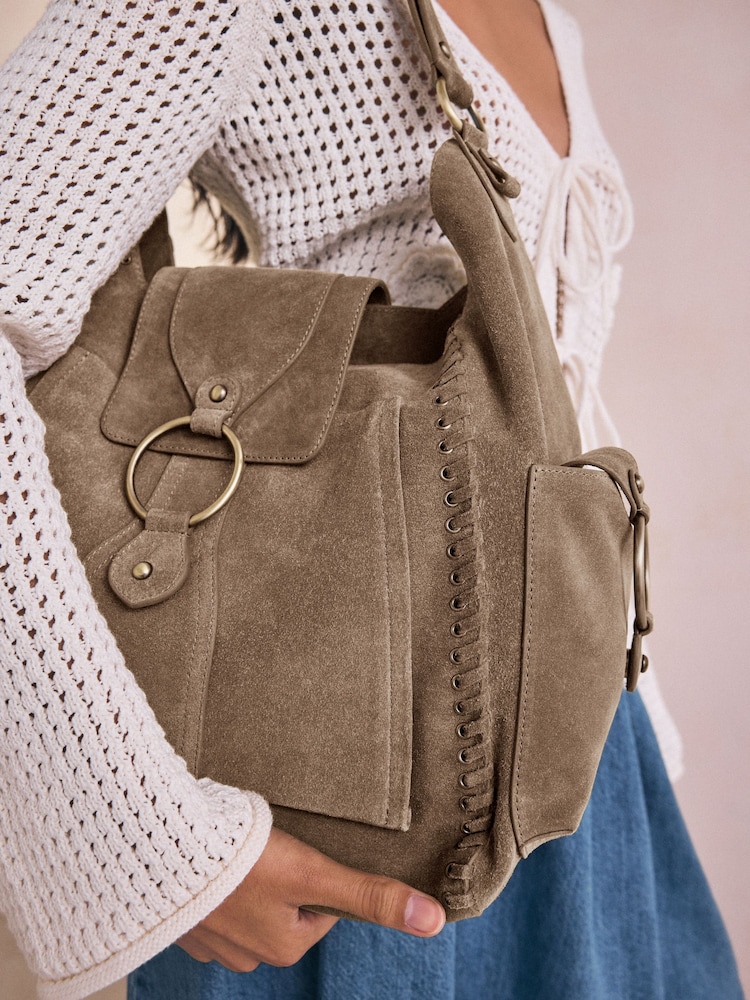 Taupe Suede Whipstitch Shoulder Bag - Image 4 of 12