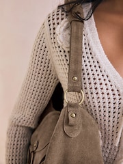 Taupe Suede Whipstitch Shoulder Bag - Image 5 of 12