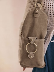 Taupe Suede Whipstitch Shoulder Bag - Image 6 of 12
